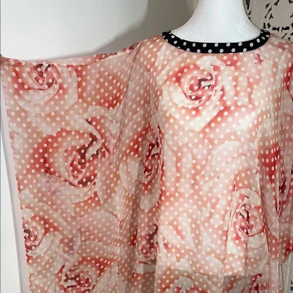 Roberto Cavalli silk Peach Polka Dot ,and rose print Sheer Tunic with Black Trim - Picture 2 of 10